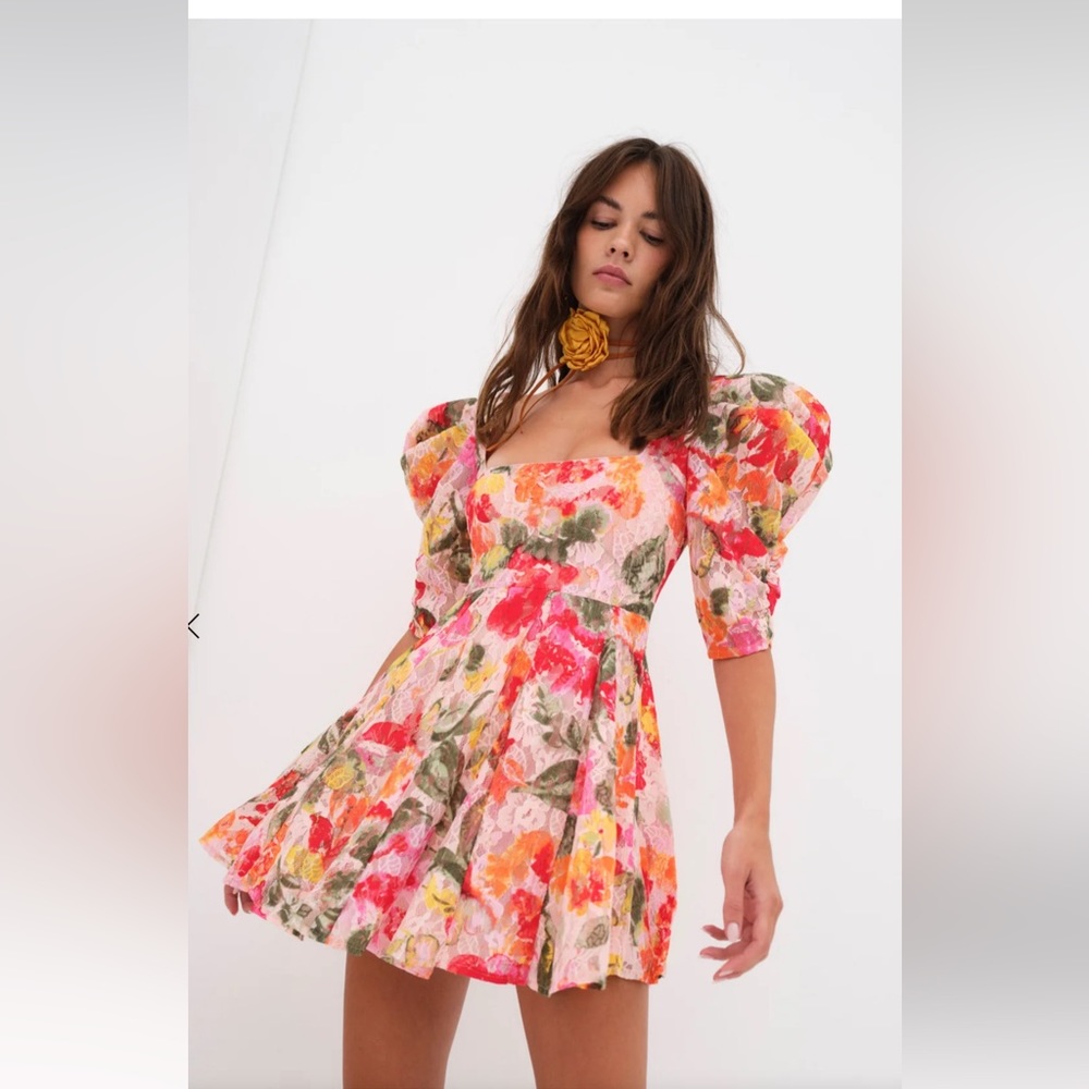 For Love & Lemons Dascha Puff Sleeve Mini Dress Light Pink Floral Lace Large NWT - Picture 2 of 16